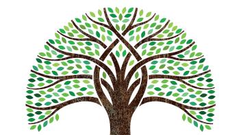 woodcut illustration of branching tree with leaves and roots