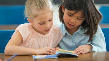 Two elementary students reading a beginning readers book