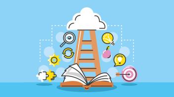 Illustration of open book with ideas and clouds