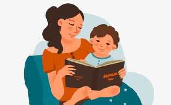 illustration of mother reading to young child on her lap