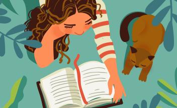colorful birds-eye view illustration of girl reading a book with her cat