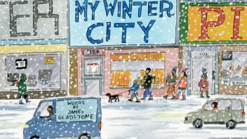 Snow falling on an urban street scene